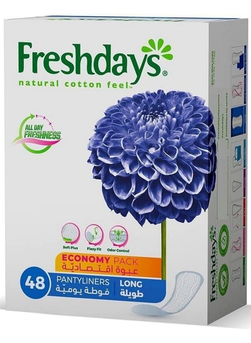 Freshdays Natural Cotton Feel Long Pantyliners Soft Plus Flexy Fit & Odor Control Daily Freshness Economy Pack 48 Liners - Image 1